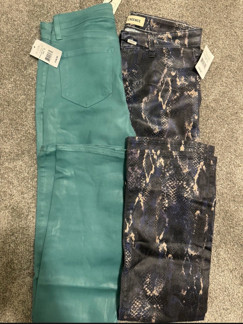 L'AGENCE Teal Leather Pant & Navy Snake-Print Jumpsuit